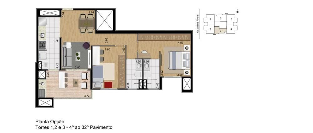 residencial-planta-do-apto-tipo-opcao-2-dorms-1-suite-com-cozinha-integrada-77-m2-privativos-do-4o-ao-32o-andar