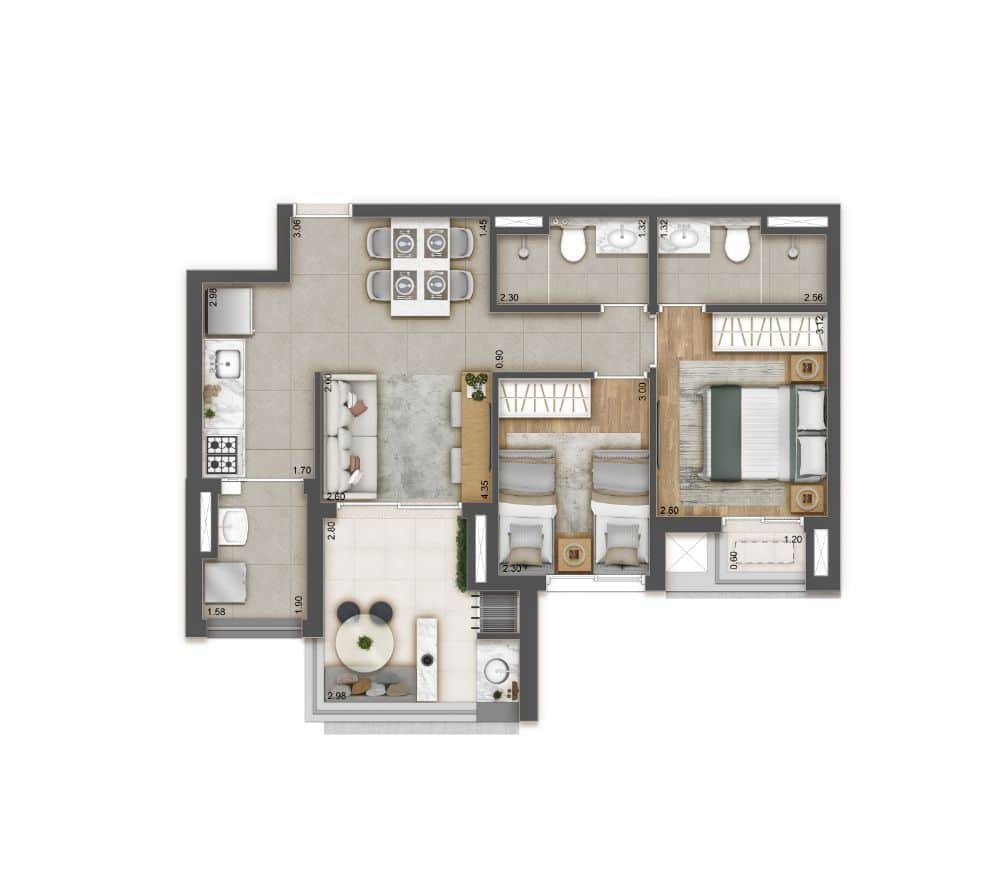 Planta 2 dorm 64m²