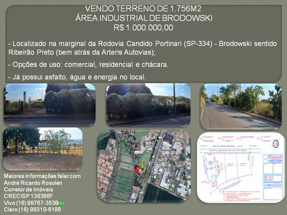 Vendo terreno de 1.756m2 em área industrial de Brodowski